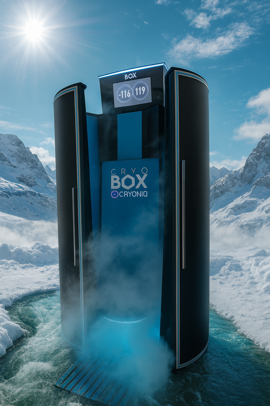Cryo-Box in Bergkulisse – Bildinszenierung